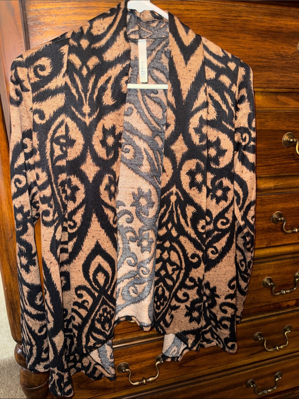 Open-Front Black and Tan Patterned Cardigan Sweater